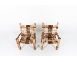 Fauteuils en bois et peau de vache tressée design Ethiopien 1950 set de 2