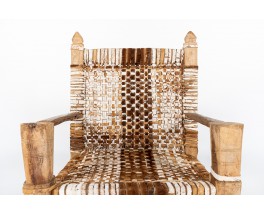 Armchairs in wood and braided cowhide Ethiopian design 1950 set of 2