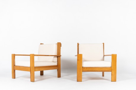 Fauteuils en orme et tissu Maison Thevenon 1980 set de 2
