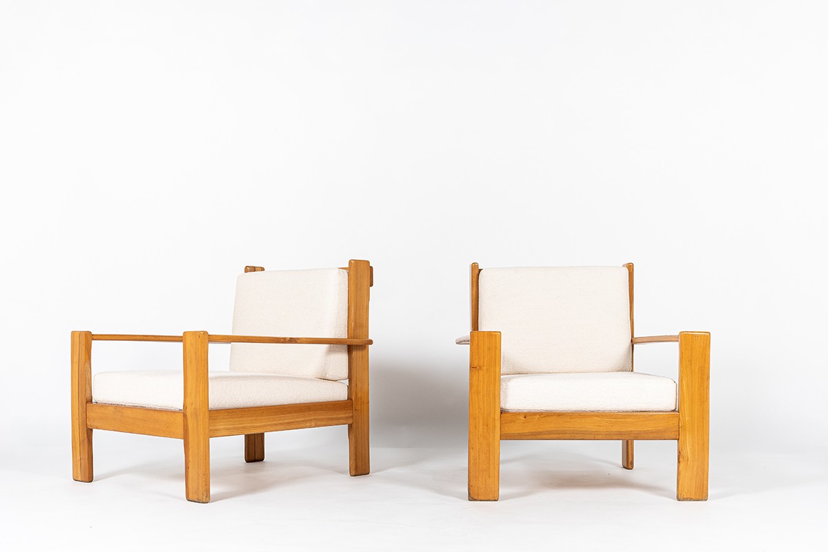 Armchairs in elm with Maison Thevenon fabric 1980 set of 2
