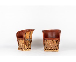 Armchair in stretched leather and wood 1950 set of 2