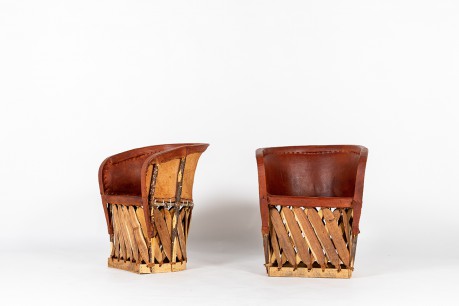Fauteuils en cuir tendu et bois 1950 set de 2