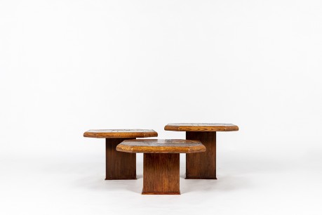 Nesting coffee tables in oak, slate and lava stone 1970 set of 3