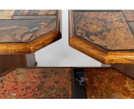 Tables basses gigognes chêne, ardoise et pierre de lave 1970 set de 3