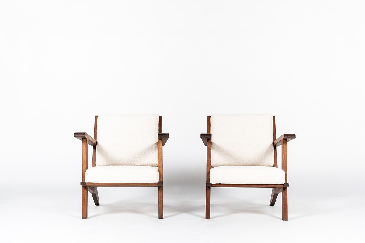 Armchairs in mahogany and Maison Thevenon fabric 1950 set of 2