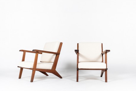 Fauteuils en acajou et tissu bouclette Maison Thevenon 1950 set de 2