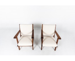 Armchairs in mahogany and Maison Thevenon fabric 1950 set of 2