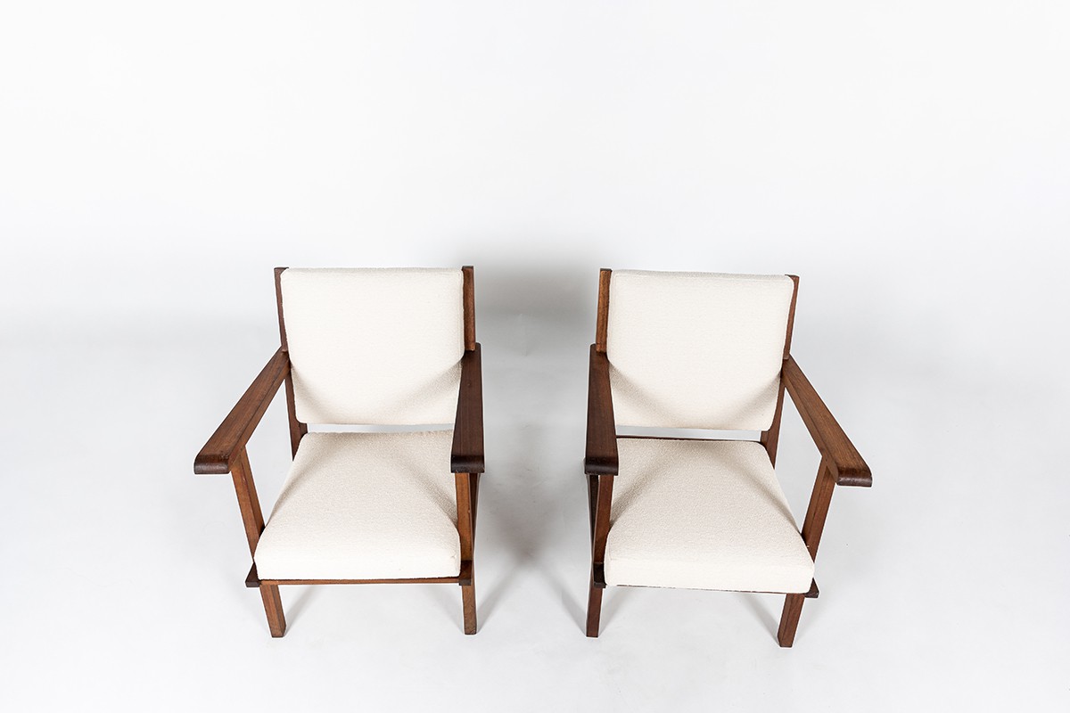 Armchairs in mahogany and Maison Thevenon fabric 1950 set of 2