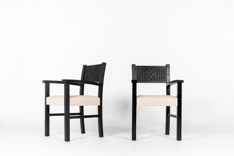 Armchairs in carved black beech and Maison Thevenon linen fabric 1950 set of 2