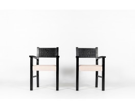 Armchairs in carved black beech and Maison Thevenon linen fabric 1950 set of 2