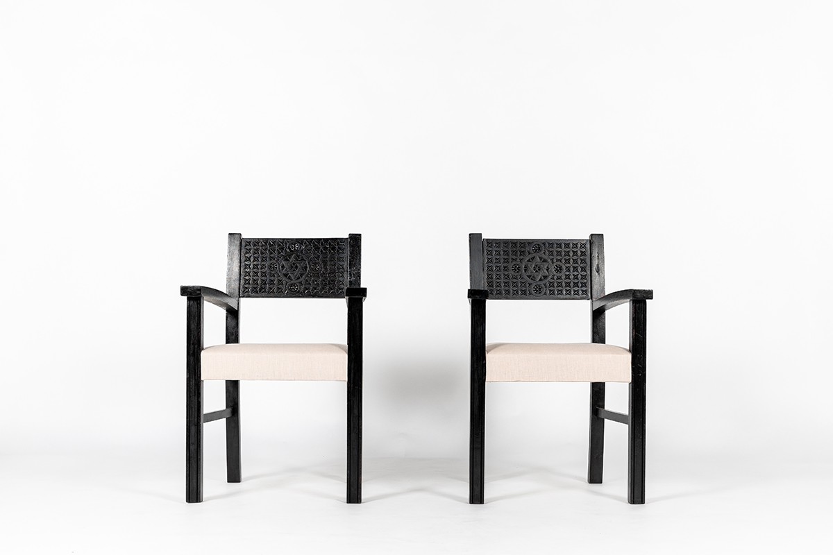 Armchairs in carved black beech and Maison Thevenon linen fabric 1950 set of 2