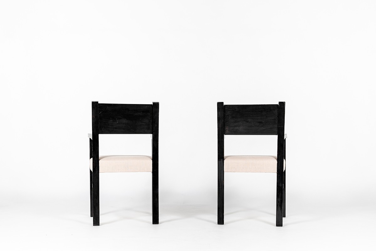 Armchairs in carved black beech and Maison Thevenon linen fabric 1950 set of 2