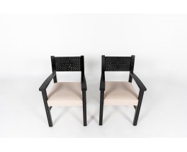 Fauteuils hêtre noir sculpté et tissu lin Maison Thevenon 1950 set de 2