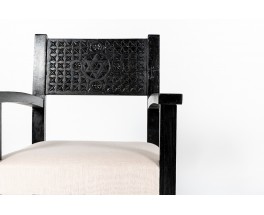 Fauteuils hêtre noir sculpté et tissu lin Maison Thevenon 1950 set de 2