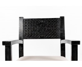 Fauteuils hêtre noir sculpté et tissu lin Maison Thevenon 1950 set de 2