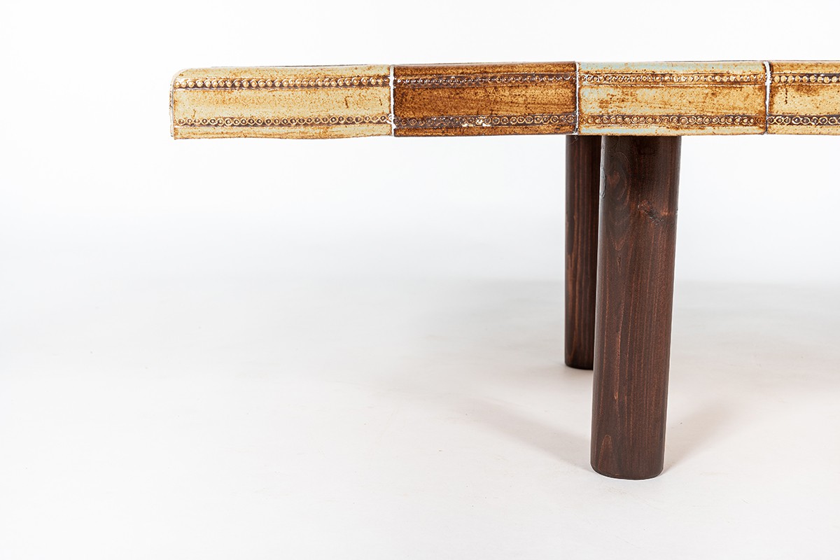 Table basse rectangulaire Roger Capron céramique et chêne 1960