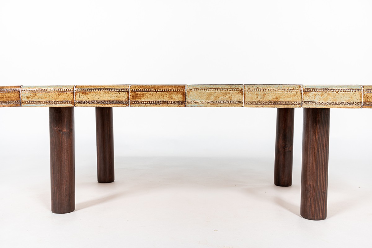 Table basse rectangulaire Roger Capron céramique et chêne 1960