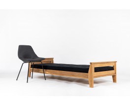 Daybed René Gabriel en chêne et lin noir design reconstruction 1950