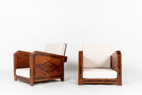 Fauteuils en bois et marqueterie design Afrique du nord 1950 set de 2