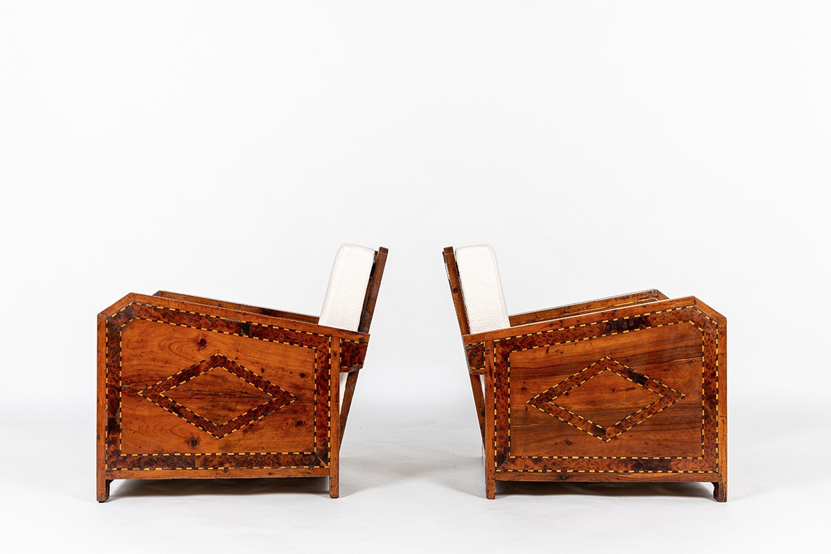 Armchairs in wood and marquetry design North Africa 1950 set of 2