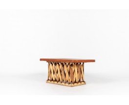 Table basse rectangulaire bois et cuir tendu design mexicain 1950