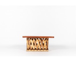 Table basse rectangulaire bois et cuir tendu design mexicain 1950