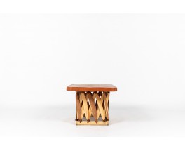 Table basse rectangulaire bois et cuir tendu design mexicain 1950