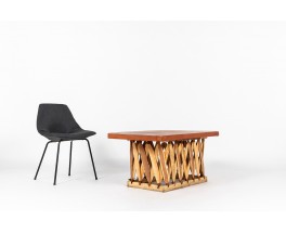 Table basse rectangulaire bois et cuir tendu design mexicain 1950