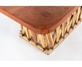 Table basse rectangulaire bois et cuir tendu design mexicain 1950