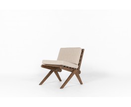 Low chair in pine and Maison Thevenon natural linen cushion 1950