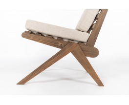 Low chair in pine and Maison Thevenon natural linen cushion 1950