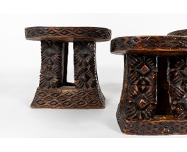 Monoxyl stools in black carved wood African design 1950 set of 5