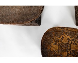 Monoxyl stools in black carved wood African design 1950 set of 5