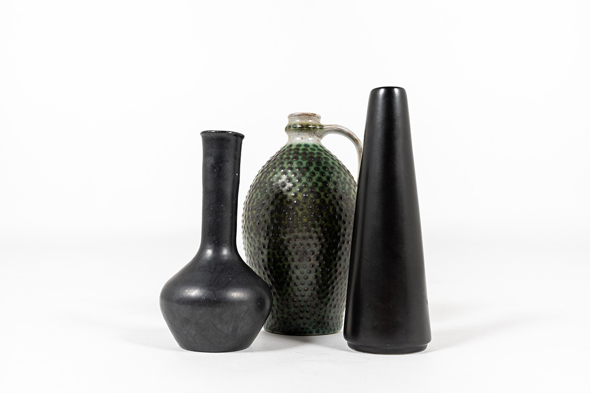 Ensemble de vases en céramique tons noir et vert 1960 set de 3