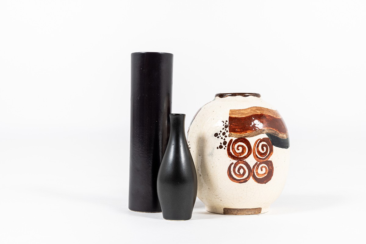 Ceramic Vases In Black And Brown Tones 1960 Set Of 3