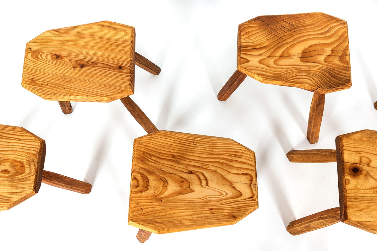 Stools in pine free form 1950 set of 6
