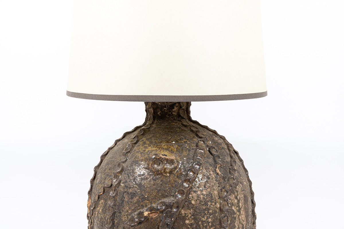 Lamp in ceramic and beige paper lampshade 1950