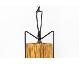 Pendant light in black metal and raffia 1950