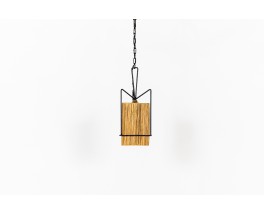 Pendant light in black metal and raffia 1950