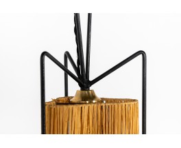 Pendant light in black metal and raffia 1950