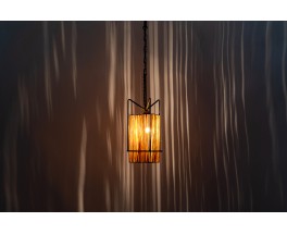 Pendant light in black metal and raffia 1950