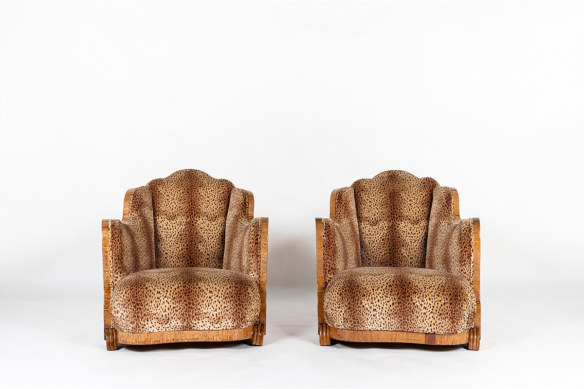 Armchairs in walnut burl and Pierre Frey fabric 1930