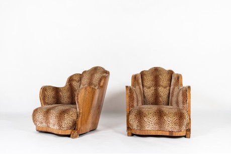 Armchairs in walnut burl and Pierre Frey fabric 1930