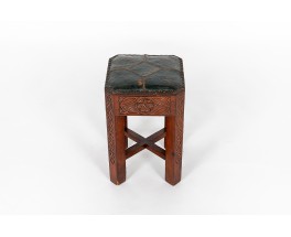 Tabouret en bois sculpté et skaï vert design marocain 1950