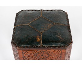 Stool in carved wood and green leatherette Moroccan design 1950