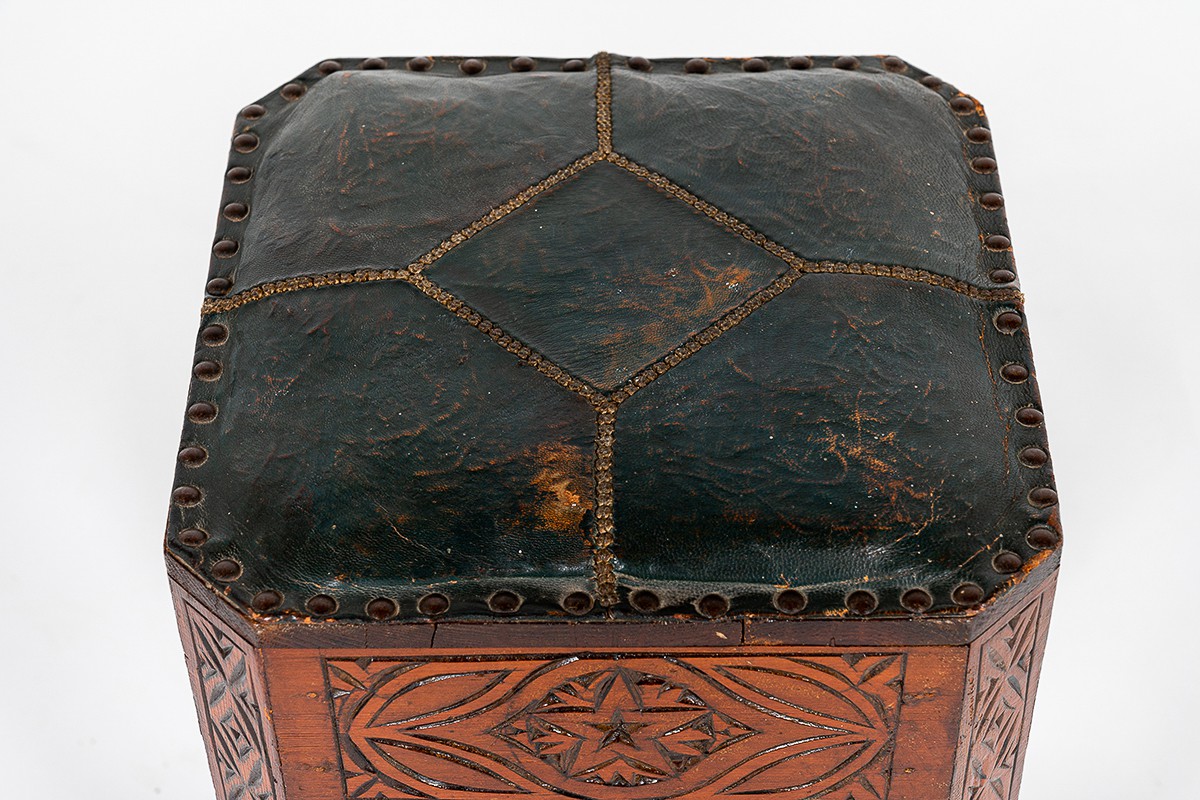 Stool in carved wood and green leatherette Moroccan design 1950