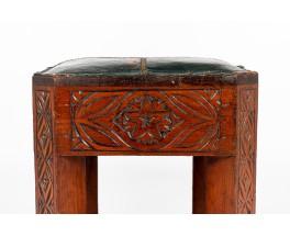 Stool in carved wood and green leatherette Moroccan design 1950