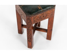 Tabouret en bois sculpté et skaï vert design marocain 1950