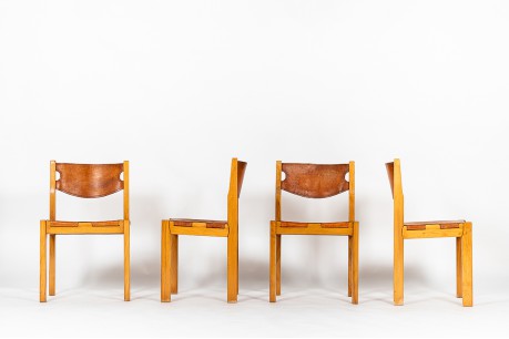 Chairs in elm and leather edition Maison Regain 1980 set of 4