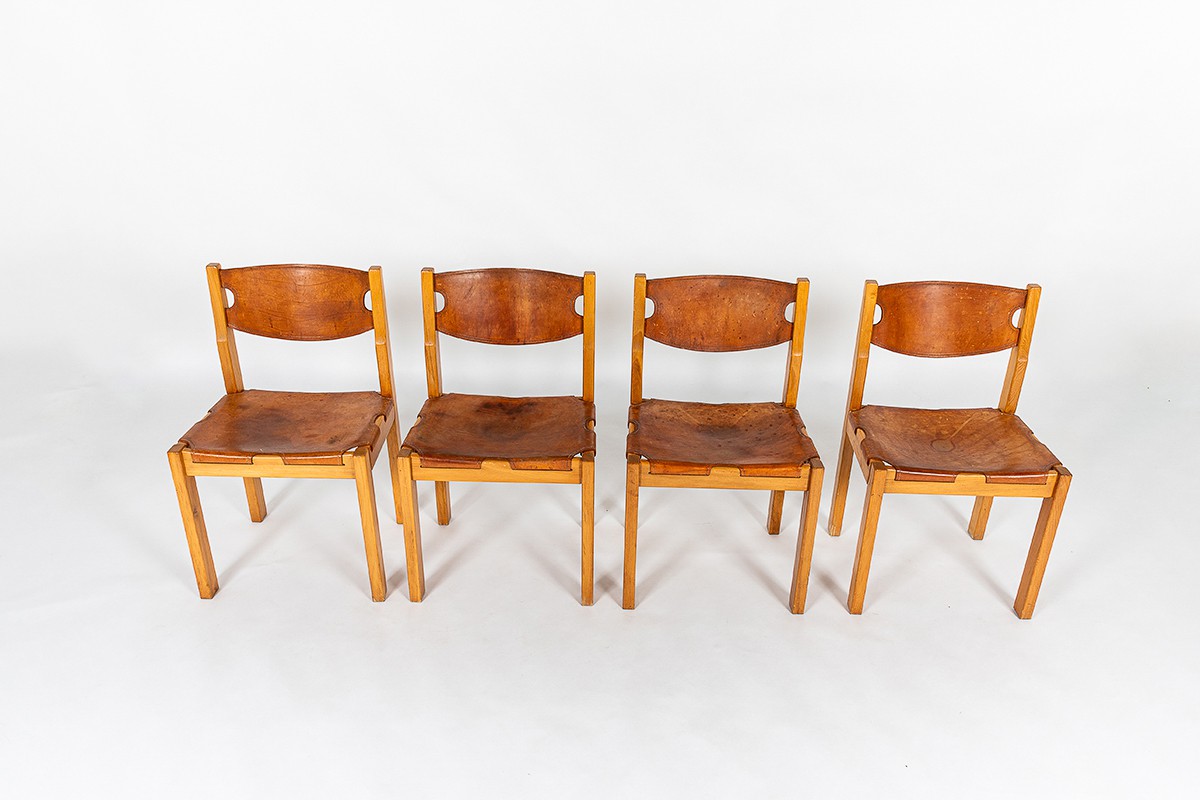 Chairs in elm and leather edition Maison Regain 1980 set of 4